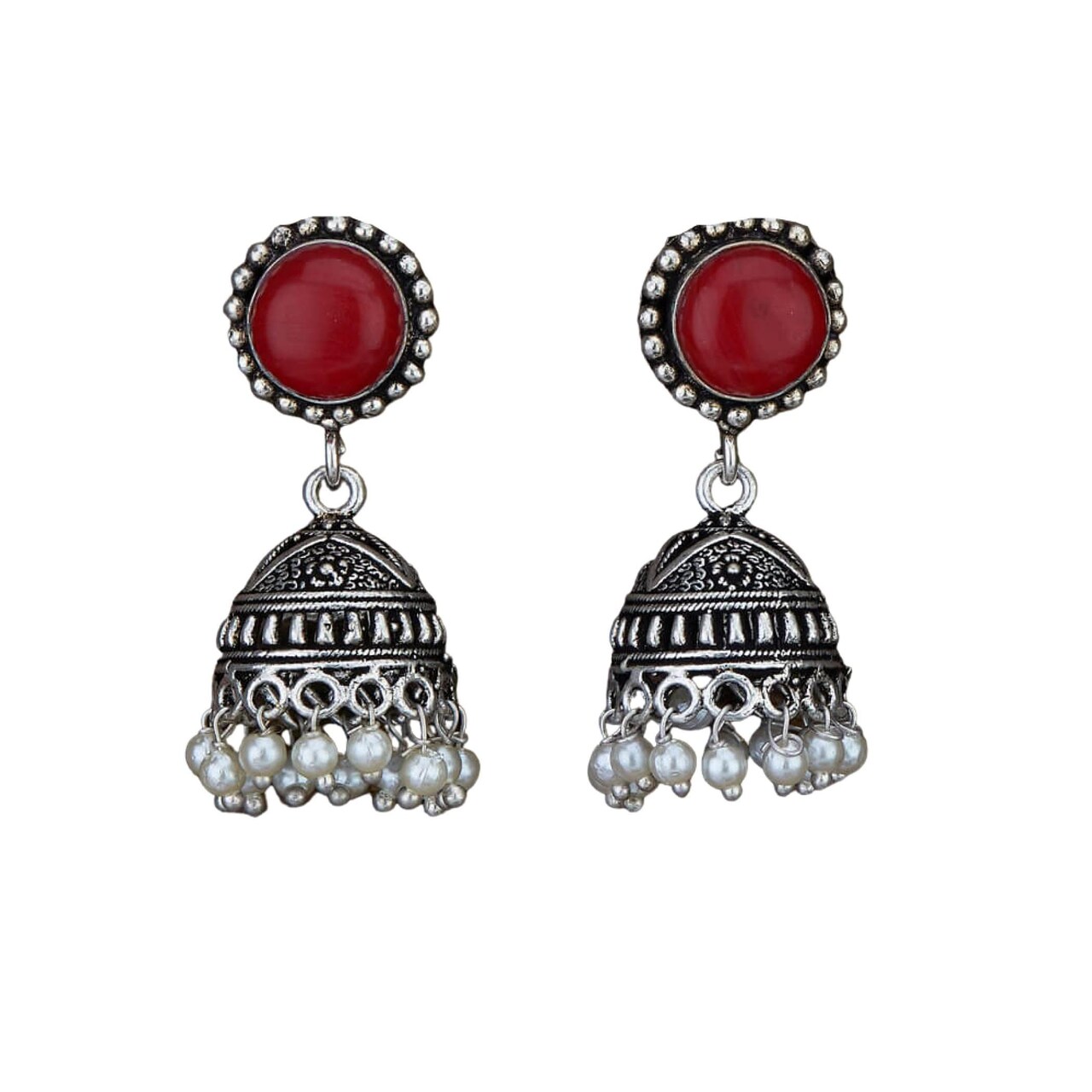 Indian Oxidized Jhumka Earrings for Women - Indian Oxidized Bell Tassel Jhumki Ethnic Chandbali Earrings Faux Pearls with Oxidized Platting Bollywood Style Dangle Earring Jewelry for Bride